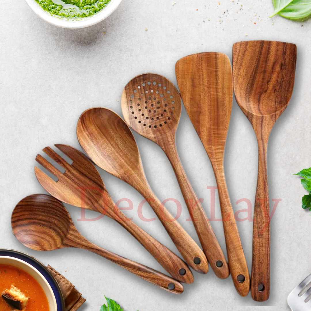 Wooden Natural Spoons for Cooking Non-Stick Cookware Safe 6 pcs - Decorlay