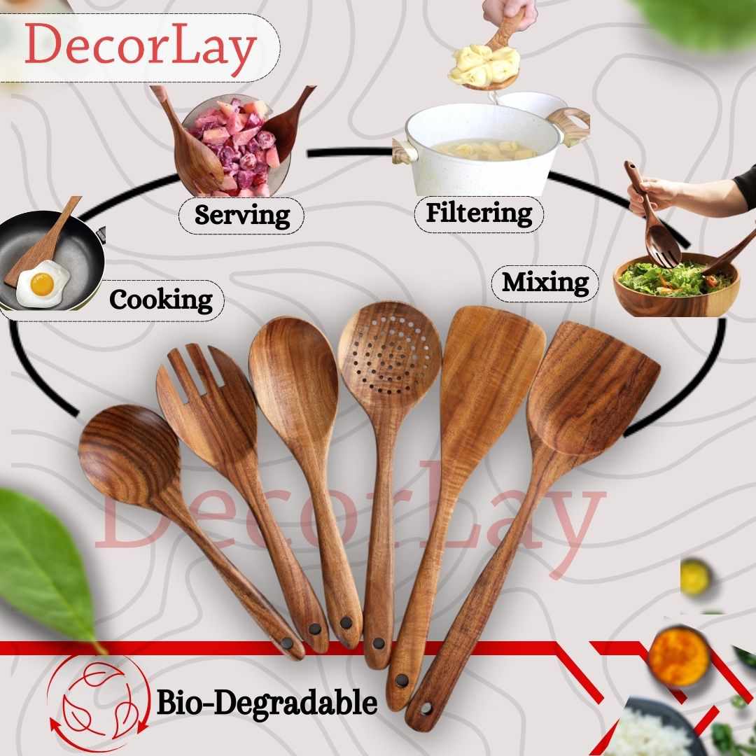 Wooden Natural Spoons for Cooking Non-Stick Cookware Safe 6 pcs - Decorlay