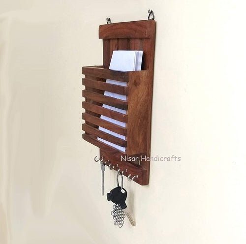 Wooden Sheesham Letter Rack Cum Key Holder 15 x 5 x 25 cm - Decorlay