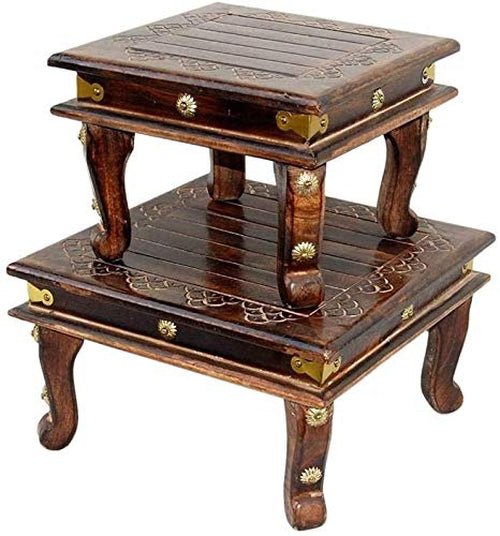 Wooden Side Table/chowki Set for Pooja Chawki :38.1x38.1x22.9 cm - Decorlay