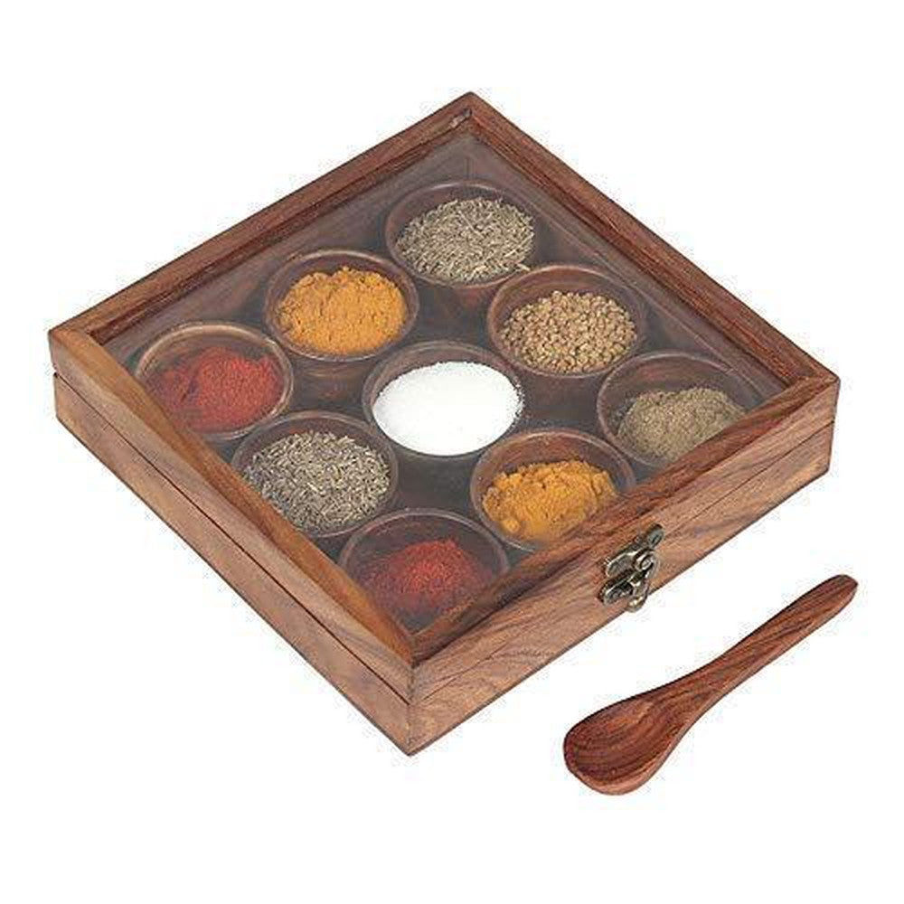 Wooden Spice Box with Spoon in Sheesham Wood for Kitchen 9 Containers