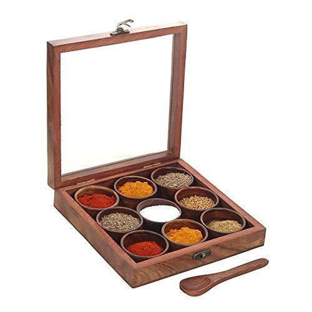 Wooden Spice Box with Spoon in Sheesham Wood for Kitchen 9 Containers