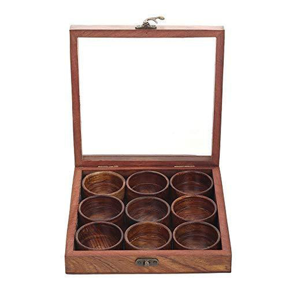 Wooden Spice Box with Spoon in Sheesham Wood for Kitchen 9 Containers