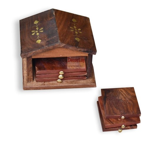 Wooden Tea Coasters Hut Shaped, 6 Pieces Coasters 11 x 11 x 10 cm - Decorlay