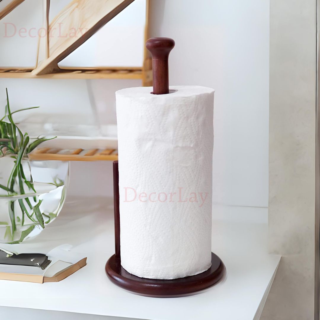 Wooden Tissue Paper Roll Holder Countertop Rounded Base Kitchen Bathroom Napkin Organizer - Decorlay