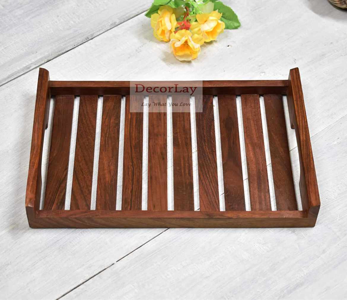 Wooden Tray Set For Tea, Coffee & Snacks Breakfast Color Brown (10 x7x 2 Inch) - Decorlay