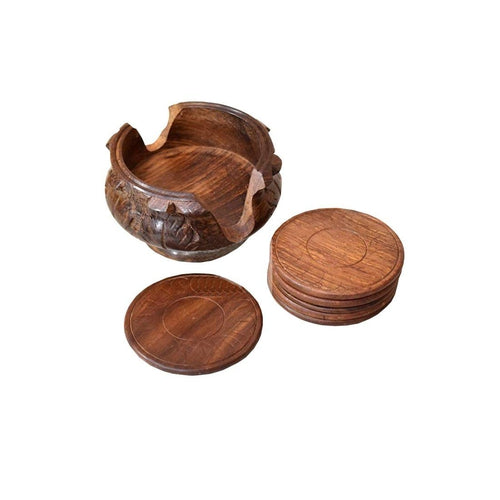 Beautiful Hand Carved Coasters with Holder Tabletop Coasters-Decorlay