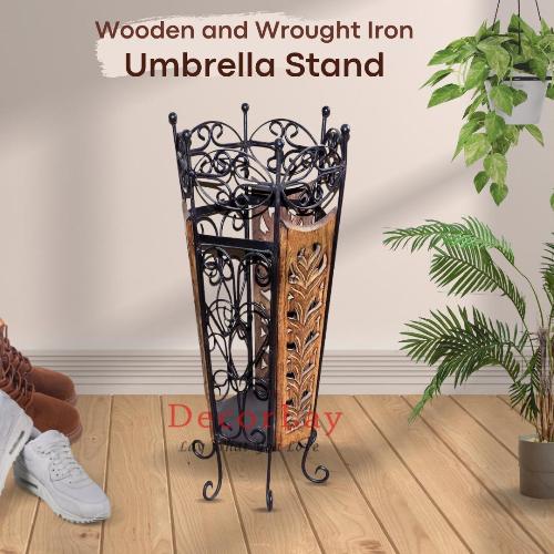 Wooden and Wrought Iron Umbrella Stand, 9.5x11x21-inches, Brown