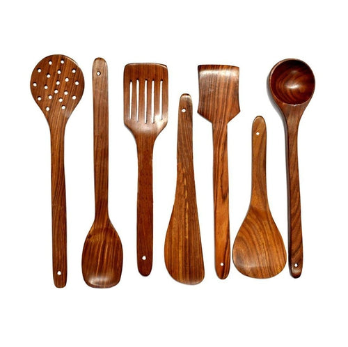 Non-Stick Wooden Natural Cooking and Serving Spoon Set of 7-Decorlay
