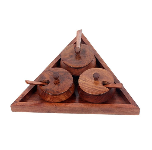 Sheesham Wooden Handmade Triangular Masala Jar Set-Decorlay