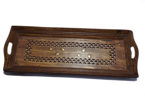 Sheesham Wooden Serving Tray with Hand Carved Design-Decorlay