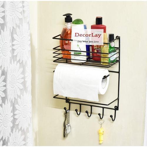 Wall Mount Paper Towel Holder with Storage Shelf and Hooks-Decorlay