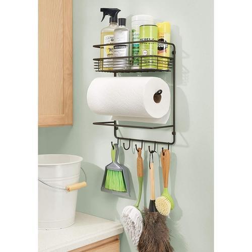 Wall Mount Paper Towel Holder with Storage Shelf and Hooks-Decorlay