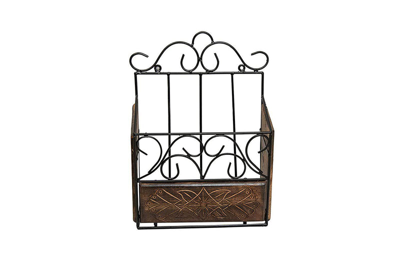 Wood and Wrought Iron Natural Finish Modern Magazine Newspaper and Book Wall Rack-Decorlay