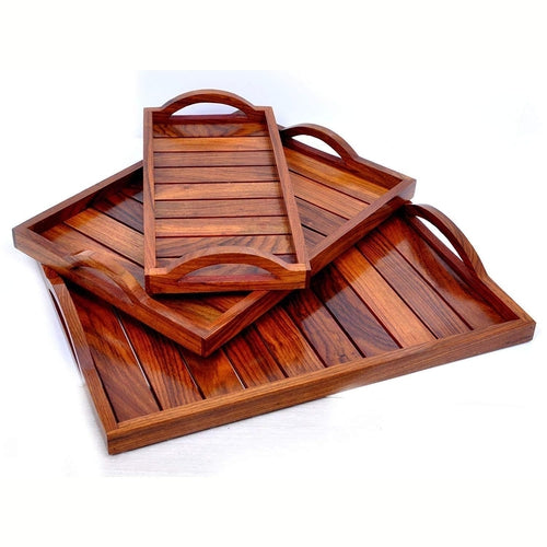 Wooden Brown Tray Set of 3-Serving Tray with Handles Food Tray-Tray for Coffee & Food-Decorlay