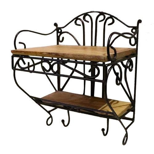 Wooden and Iron Wall Shelf | for Set Top Box, Showpiece & with Key Holder-Decorlay