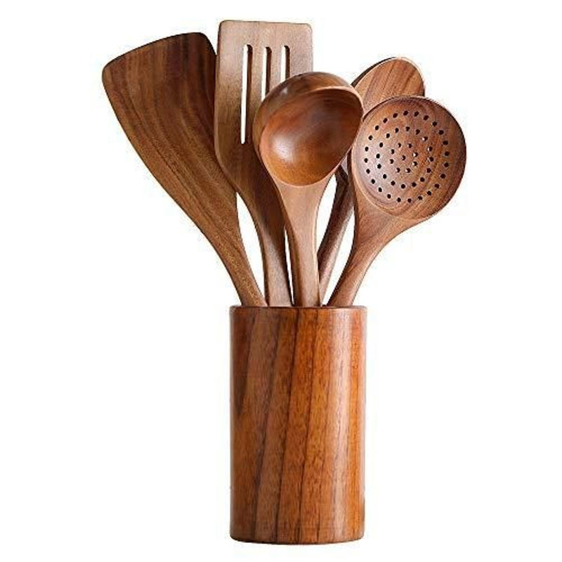 Natural Wooden Cooking Spoons and Jar | Set of 6 Spoons, 1 Jar