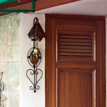 Wooden Iron Doorbell Wall Hanging with Brass Bell   11.5 cm x 10 cm x 14 cm